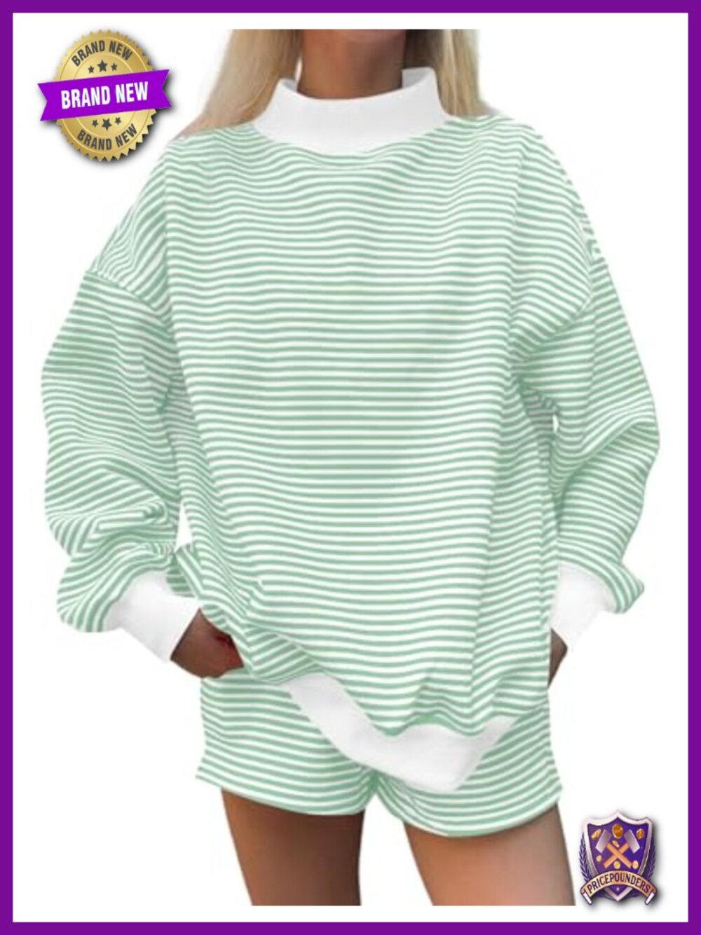 Womens 2 Piece Striped Mock Neck Sweatshirt & Shorts Lounge Set